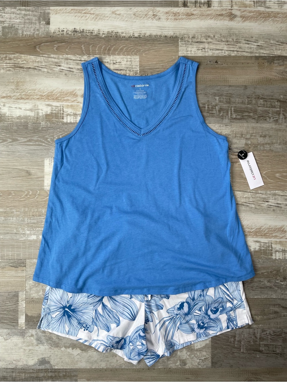 Liz Claiborne Blue V-Neck Tank with White & Blue Floral Shorts Pajama Set